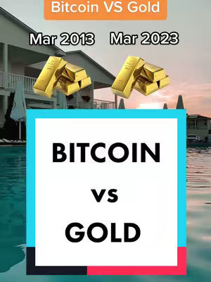The cover image showcases a comparison between Bitcoin and gold, set against a background of a house with a pool and a sunset. Text overlays present the comparison in a vertical format, with "Bitcoin" at the top and "Gold" at the bottom, separated by "VS". Above, there's a banner that says "Bitcoin VS Gold." Gold bars are displayed on both sides, which represents March 2013 and March 2023. The colors are vibrant, focusing on natural tones, with the main contrast between the gold and the text.