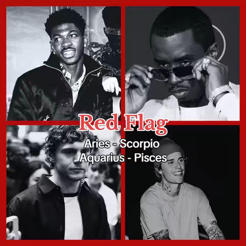 The image is a grid of four black and white headshots of famous people, set against a red background with a red border. At the top of the image, in the center, is the text "Red Flag" in a bold, red font. Below the text, there is the text: Aries - Scorpio, Aquarius - Pisces, also in a red font. The top-left picture is of a man smiling with a black jacket. The top-right picture is of a man wearing sunglasses. The bottom-left picture is of a man with curly hair looking at the camera. The bottom-right picture is of a man smiling and wearing a beanie.