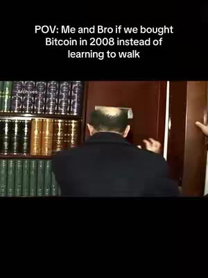 The image shows a man facing away from the camera, reaching for something in a wooden cabinet filled with books. Overlayed text at the top suggests the scene is a humorous comparison to buying Bitcoin early. The color palette is a mix of dark and warm tones, with the focus on the man and the contents of the cabinet.