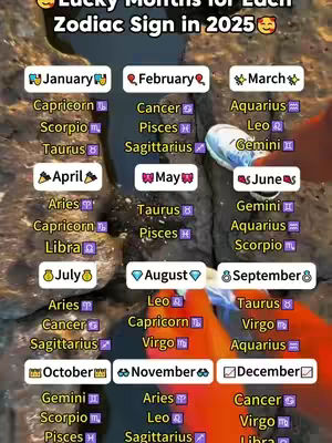 The cover image is a vertically oriented graphic displaying information about the zodiac signs for the year 2025. It presents a list of the zodiac signs in a tabular format, with each sign and its corresponding lucky months listed underneath. The overall design uses a variety of colors and the font is clear. The background appears to be a blend of textures potentially with a water look.