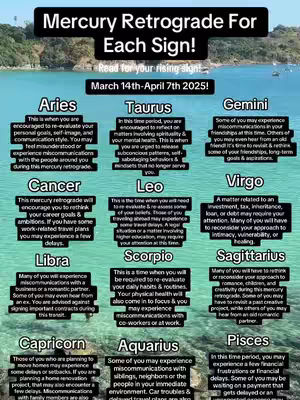 An image with text overlayed over a background that shows a lake with mountains and sky. The text includes "Mercury Retrograde For Each Sign!" at the top and a list of astrological signs separated into individual boxes.