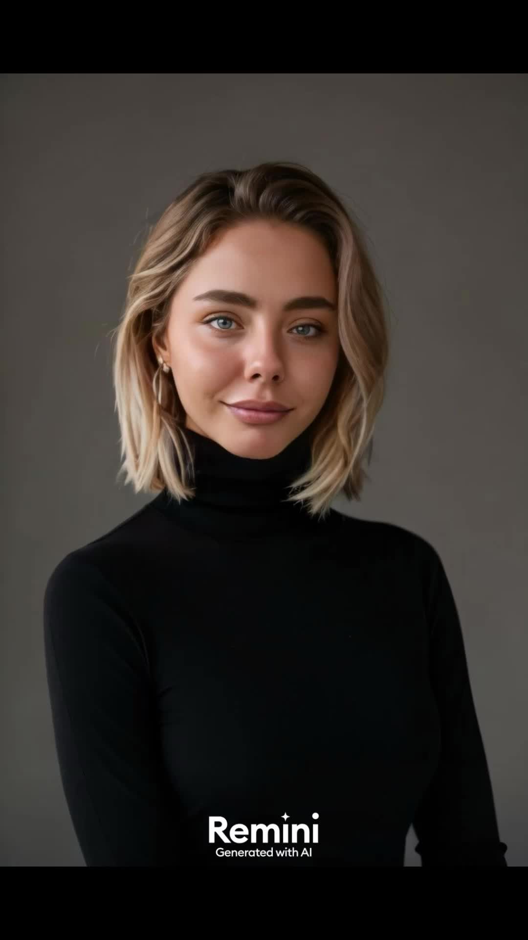 A woman with blonde hair and blue eyes wearing a black turtleneck is the focus, with a gray backdrop and a 'Remini' logo in the lower sector.
