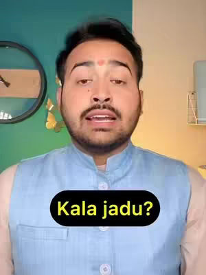 The cover image features a close-up of a man with dark hair, a mustache, and a small dot on his forehead. He has a serious expression and is looking up. A text overlay in a black rounded rectangle says 'Kala jadu?'. The background features a teal wall and a clock and a decorative element on the wall.