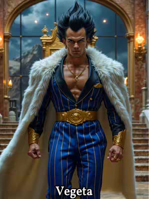 An AI-generated image of Vegeta from Dragon Ball, dressed in a pinstripe suit and a fur-lined coat, styled to look like a mafia boss. The background features a grand interior setting with large windows and golden accents.