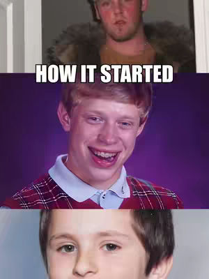 The image is a vertical collage divided into three sections. Each section features a different person. The top section shows a man in a fur-lined coat looking slightly surprised. Below him is a middle-aged man with a wide, somewhat mischievous grin, wearing a collared shirt. The bottom section shows a young boy with a neutral expression. The text 'HOW IT STARTED' is overlaid on the image above the second person.