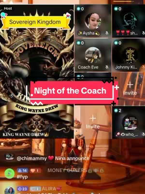 The cover image shows a vertical video layout. On the top left, a yellow banner says 'Sovereign Kingdom'. The words 'Night of the Coach' are highlighted in a red rectangle. There are several user profile circles arranged across the top right and bottom left. Below that, an image including 'King Wayne Drew' and a rocking chair are also visible.