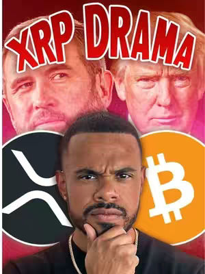 The cover image is a collage featuring a man in the foreground, with the words "XRP DRAMA" in bold red letters at the top. Behind the man are headshots of two other men, one is white headed and the other is Donald Trump, and to each side of the foreground man are the XRP and Bitcoin logos. The man in focus has a concerned expression, with his hand on his chin. The background has a red gradient.