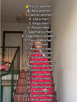 A staircase with a red runner is shown, with a list of zodiac sign rankings overlaid on the image.