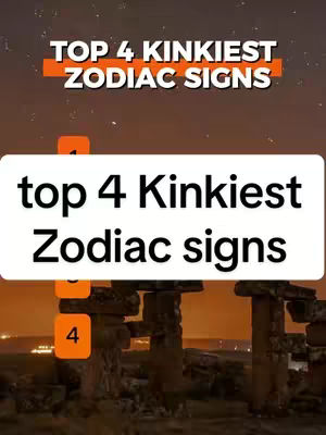 The image displays an orange-tinted sunset landscape with ancient pillar structures in the foreground and overlayed text. The background shows a gradient of dark orange to light orange hues, suggesting either sunrise or sunset. In the foreground, there is an arrangement of pillars that form a partial structure, possibly ruins or an old building. The primary text overlay reads 'TOP 4 KINKIEST ZODIAC SIGNS' in bold, white text with an orange horizontal bar adding emphasis. Below this is a white rectangle that contains the text: 'top 4 Kinkiest Zodiac signs' in black and a list of the numbers 1,2,3,4 arranged vertically.