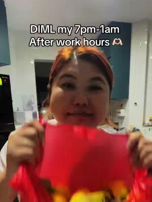 A woman is holding up a red bag with what appears to be food inside. The background shows a kitchen setting. Text overlayed on the image reads, "DIML my 7pm-1am After work hours".