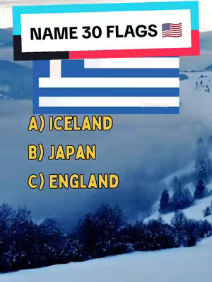 The image is a quiz-style graphic designed to test knowledge of flags. It features a blue and white flag (likely Greece) partially obscuring a scenic background, with text overlayed at the top, and question prompts with flag-related hints at the bottom.