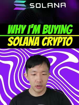 A selfie-style video cover image with a man in the foreground, set against a background featuring a purple and white wavy pattern. The man directly faces the camera, conveying a sense of direct communication. Above him, text in a bold, eye-catching design reads, \"WHY I'M BUYING SOLANA CRYPTO.\" The Solana logo is displayed above this text, indicating the video's subject. The overall design is dynamic and modern, designed to attract attention and promote engagement, in a style commonly seen on social media.