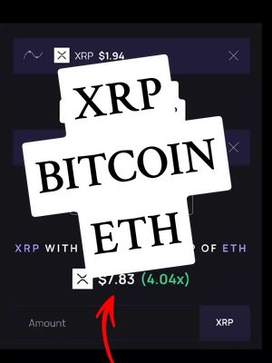 The cover image showcases a dark user interface with cryptocurrency market data and a stylized graphic element overlayed. At the top are currency ticker indicators, listing 'XRP' at $1.94. A central, layered graphic in white is overlaid, displaying large text: 'XRP', 'BITCOIN', and 'ETH' across an angular shape. Beneath this, more UI elements include text like 'XRP WITH' and values for 'XRP' at $7.83 (4.04x) and an arrow pointing towards the XRP value.