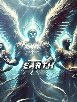 The image shows three angel-like figures with large, feathered wings against a backdrop of a radiant, blue-toned sky. The central figure has the word "EARTH" overlaid across their chest. The figures have a glowing aura with beams of light.