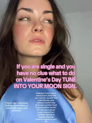A woman with long brown hair looks upwards with a slight smirk. Text on the image describes Valentine's Day advice.