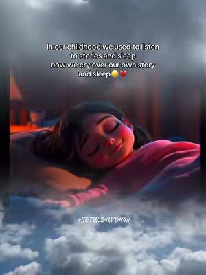 The image features a dreamy, animated scene. A young girl with dark hair and rosy cheeks is depicted peacefully asleep, laying down on a pillow with her eyes closed. Soft lighting and color gradients create a warm atmosphere, while the background fades into a blue sky with cloud.