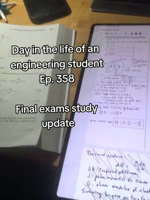 The image shows a student studying on a desk. There are notes on the tablet and textbook pages visible in the frame. The text overlay indicates the video is about the engineering student's final exam study update.