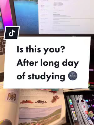 The image shows a desk with open books, a laptop, and a tablet. The text overlay says, "Is this you? After long day of studying". The TikTok logo is visible in the top corner.