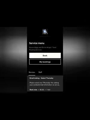 The cover image shows a mobile phone screen displaying a service menu. The background is black, and the app screen is contained within a framed video format. The service menu has a header with a small logo, likely for the service provider. The menu includes options for "Book" and "My bookings", and below that, there's an area detailing "Email Listing - Select Thursday" with booking details and pricing