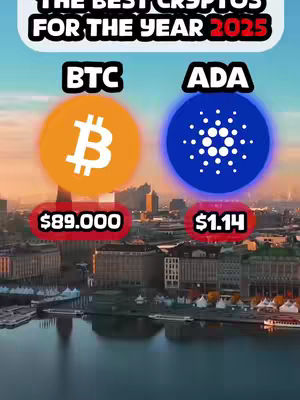 The cover image presents a skyline view of a city, likely by a body of water, possibly a river or the sea, under a daytime sky. There is text overlayed across the top of the image that reads: "THE BEST CRYPTOS FOR THE YEAR 2025". Below this are two side-by-side graphics of cryptocurrency logos, Bitcoin and Ada, with their predicted values. The Bitcoin graphic features the Bitcoin symbol inside an orange circle, while also showing the price prediction of $89.000. The Ada graphic shows a circular blue graphic with the Ada logo and $1.14 as the predicted price. The image layout is designed to be informative, likely offering an analysis of the cryptocurrency market.
