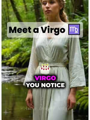 A woman in a flowing white dress poses in a serene outdoor scene. Text overlays indicate the zodiac sign Virgo, with related text. The background features lush green foliage and a stream.