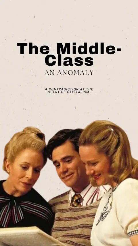 The cover image features a vintage-style composition with a soft, textured background. The central focus is on three people: two women and a man, all appearing to be looking at something together. The women, positioned on the left and right, have their hair styled in a classic, elegant fashion and wear vintage attire. The man is situated in the middle with the same style, with an expression of shared interest or amusement. The text overlay at the top reads 'The Middle-Class' in a bold font, with 'AN ANOMALY' and 'A CONTRADICTION AT THE HEART OF CAPITALISM' beneath it, all centered. The overall color palette is muted, with beige and cream tones dominant, giving the image a historical or documentary feel.