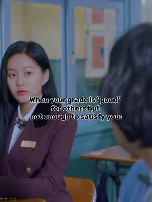 The image shows a young woman with dark hair and a burgundy blazer in a school setting. Text overlays describe an academic situation.