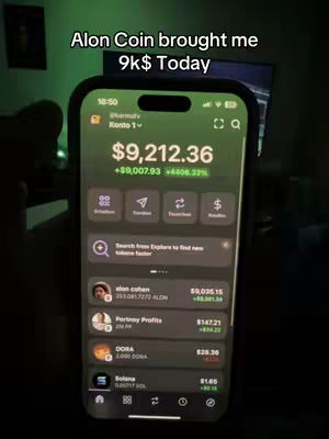 A smartphone screen is displayed, showing a cryptocurrency app interface. The app highlights a gain of $9,212.36 with a percentage increase, and a line of text is overlaid on the screen, indicating the coin's profit.