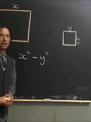 A man in a vest stands to the left of a chalkboard with mathematical equations. The chalkboard contains sketched squares and the equation x^2 - y^2.