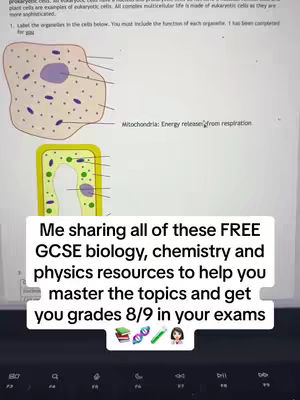 The image showcases a laptop screen displaying a biology worksheet. A text overlay provides information about free resources for GCSE science subjects.