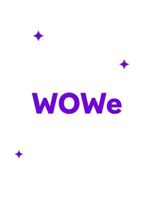 The cover image features a clean, minimalist design on a white background. The text 'WOWe' in a vibrant purple font dominates the center. Around the text, three small, purple star-shaped icons are scattered, adding a touch of visual interest and polish.