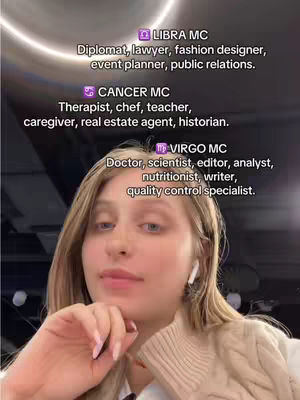 A selfie-style video featuring a young woman with blonde hair against a blurred background. Text overlays list career paths associated with different astrology signs. The woman is looking at the camera.