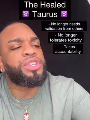 A man with a beard and short hair looks up with an open mouth and eyes closed. Text overlays describe a "Healed Taurus".