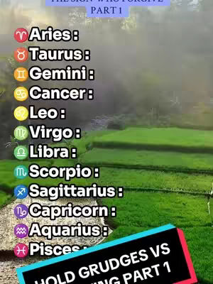 The image is a vertical shot of a list of zodiac signs with their corresponding symbols, set against a background of a green, possibly agricultural, landscape. The background is blurred, providing a soft backdrop for the main textual elements. The list includes Aries, Taurus, Gemini, Cancer, Leo, Virgo, Libra, Scorpio, Sagittarius, Capricorn, Aquarius, and Pisces. A text overlay at the bottom states 'HOLD GRUDGES VS FORGIVING PART 1'. At the top has a title ‘THE SIGN WHO FORGIVE PART 1’.