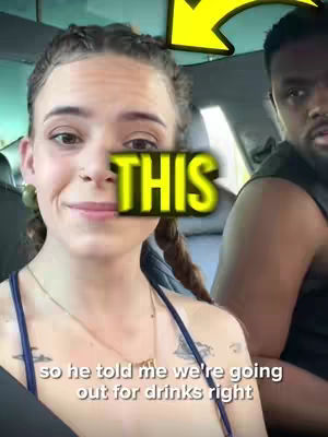 A selfie taken inside a car, featuring a woman with braided hair in the foreground and a man in the background. The woman smiles while text overlays partially obscures her face. The car's interior is visible in the background.