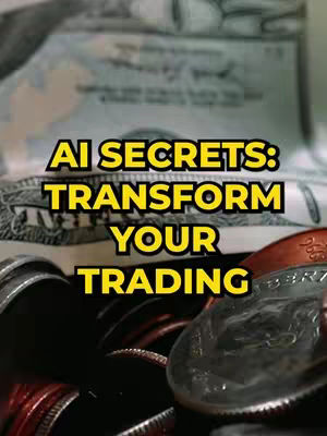 The image showcases a close-up composition featuring US currency, coins, and overlaid text. In the background, a blurred image of paper currency is visible. In the foreground, a pile of coins, including dimes and possibly pennies, create a textured, monetary surface. The overlayed text, in a prominent, bold yellow font, reads 'AI SECRETS: TRANSFORM YOUR TRADING.' The text is arranged in three lines to maximize impact and readability. The image is well-lit, which accentuates the textures of the coins and the currency.