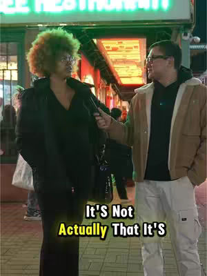 The cover image shows a street interview setup with two people talking in front of a restaurant, with the text overlay added as a hook.
