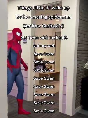 The cover image shows a person dressed as Spider-Man standing in an interior doorway. The background reveals an interior with a closed door and a hallway. Text overlays are present, listing things the person would do if they woke up as Spider-Man.