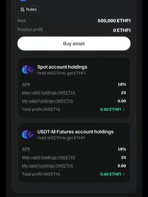 The cover image shows a screenshot of a mobile app interface on a dark background. The interface has a clean layout with white and teal text. There are two sections labeled 'Spot account holdings' and 'USDT-M Futures account holdings'. Each section displays information about holding WEETH to get ETHFI, including APR, max/my valid holdings, and total profit.