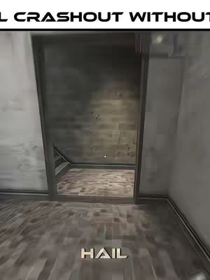 The image shows a hallway or room interior from a first-person perspective. The main focus is an open doorway at the end of a corridor. The floor is made of wooden planks, and the walls appear to be constructed from gray brick or stone, which creates a sense of depth and perspective. A text overlay at the bottom says "HAIL".