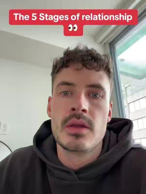 The cover image has a frontal shot of a light-skinned man with short, dark, curly hair, and a mustache. He's wearing a dark hoodie. Above him is a red banner with white text that reads "The 5 Stages of relationship". The background is blurred, suggesting an indoor setting.