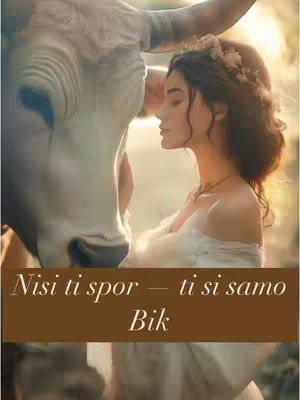 A dreamy image shows a woman with long, dark hair adorned with a floral crown, resting her head against the side of a large white bull. The woman is wearing a white, off-the-shoulder dress. The background is softly blurred with warm, golden tones. A brown rectangular text box at the bottom contains white text.