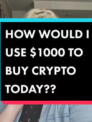 The cover image shows a person with blond hair and denim jacket. A black rectangle in the middle states: 'HOW WOULD I USE $1000 TO BUY CRYPTO TODAY??'. The text is in white, and the background is black. There are teal and red bars on top and bottom to provide a video background.