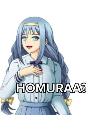 An anime-style drawing of a girl with pale skin, light blue hair, and blue eyes. She is dressed in a white school uniform with a blue bow. The text 'HOMURAA?' appears in a bold, black font overlaid on the image.