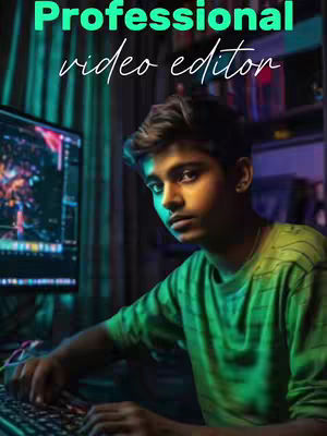 A young man is seated at a desk, backlit by green and teal lighting, focusing on a computer screen. Text overlays the image in a stylized font. The overall composition is moody, suggesting a tech setup.