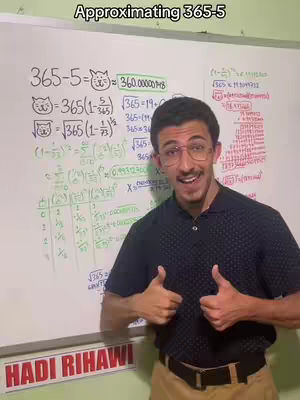 A man with glasses is standing in front of a whiteboard covered in math equations. He is smiling and giving a thumbs-up gesture with both hands. The background includes additional writing and a sign with a name.