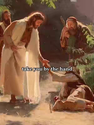 An image depicting Jesus extending a hand to another person in need. The style is reminiscent of classical religious artwork, with figures in flowing robes, and a soft, warm color palette.