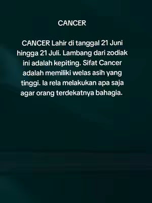 The cover image is a vertical graphic with a dark teal background. At the top, \"CANCER\" is written in white, bold sans-serif font. Below, there is text in a similar font describing the zodiac sign Cancer, written in Indonesian.
