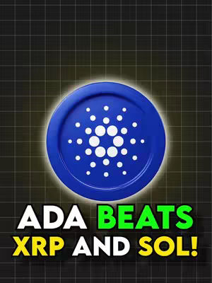 The cover image features a dark background with a grid pattern. Centered is a blue coin-like graphic with a white Cardano logo. Below the coin, the text 'ADA BEATS XRP AND SOL!' is displayed in bold, white and green fonts.