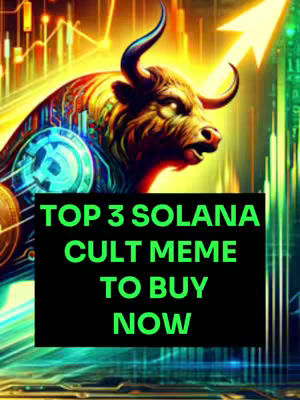 The image is a digitally enhanced illustration that presents a dynamic composition. At the center, rendered in vibrant colors, is a powerful bull with sharp horns. The bull's body is overlaid with graphic patterns. Behind the bull, an upward-pointing arrow on a light-colored background suggests growth or progress. A semi-transparent digital interface design covers everything; and in the middle of the image it contains a black rectangular bar with neon-green text saying TOP 3 SOLANA CULT MEME TO BUY NOW.